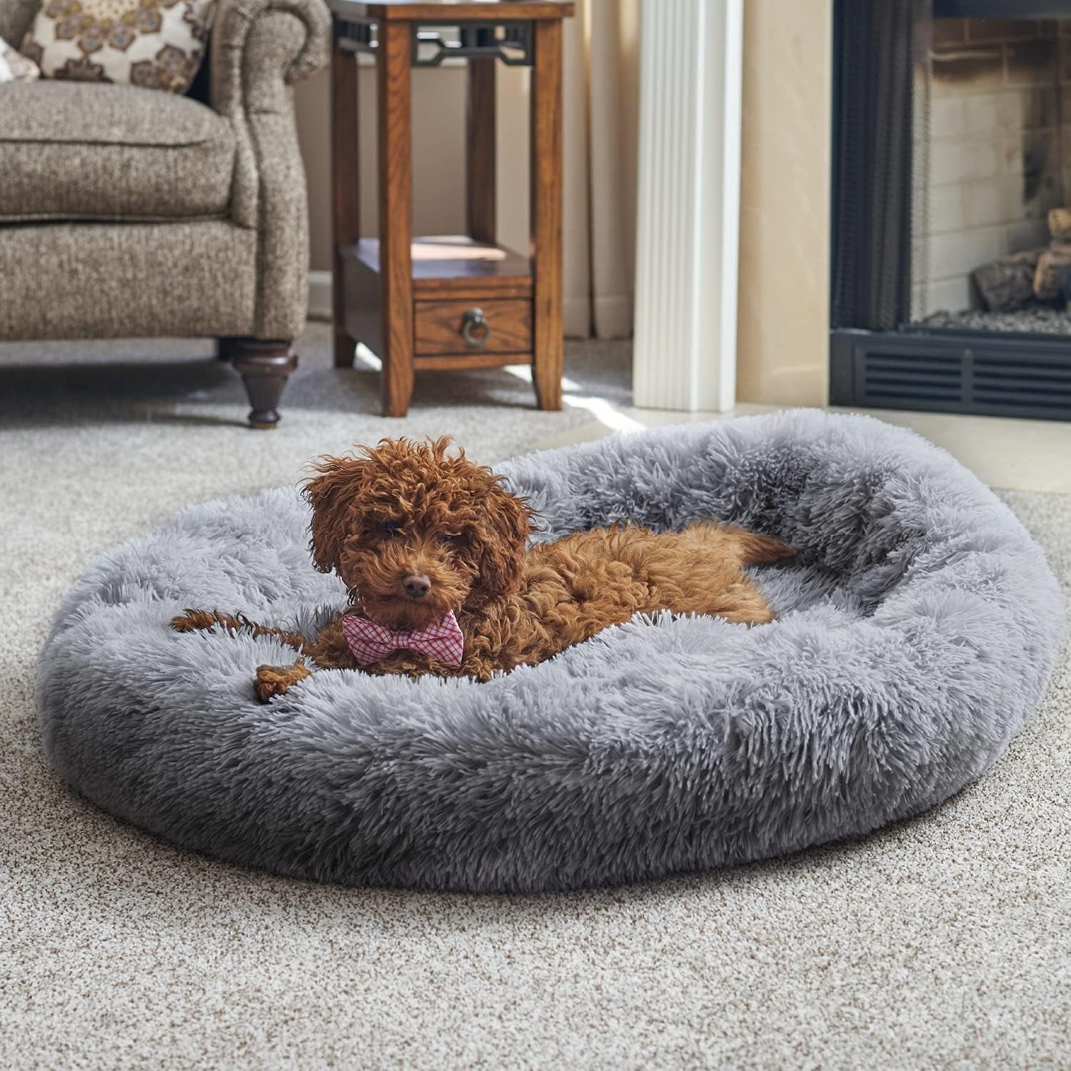 WOLF in WINTER Calming Pet Bed for Dogs and Cats - Plush Self Warming round anti Anxiety Dog Bed Donut (Grey, Medium)