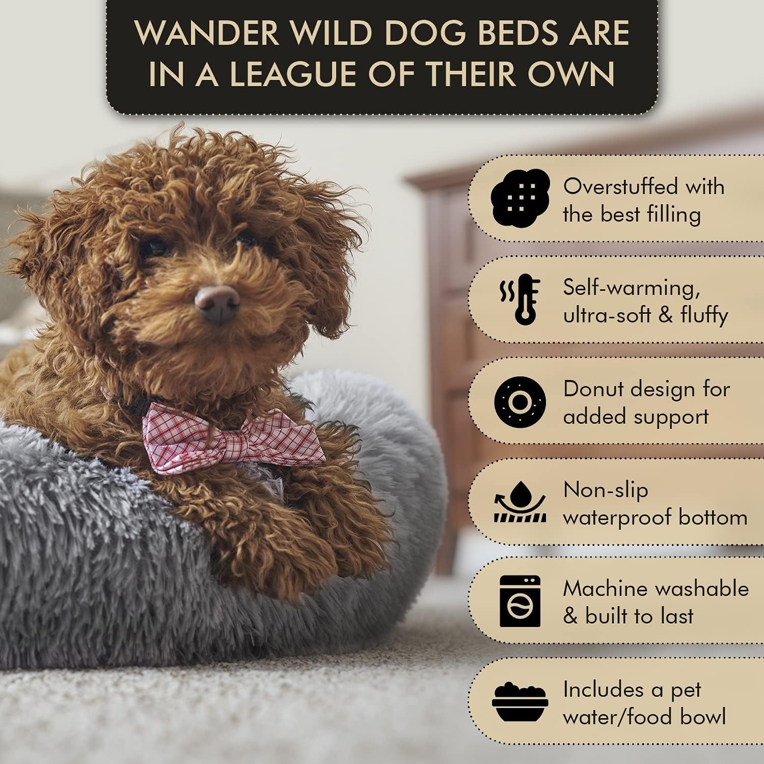 WOLF in WINTER Calming Pet Bed for Dogs and Cats - Plush Self Warming round anti Anxiety Dog Bed Donut (Grey, Medium)