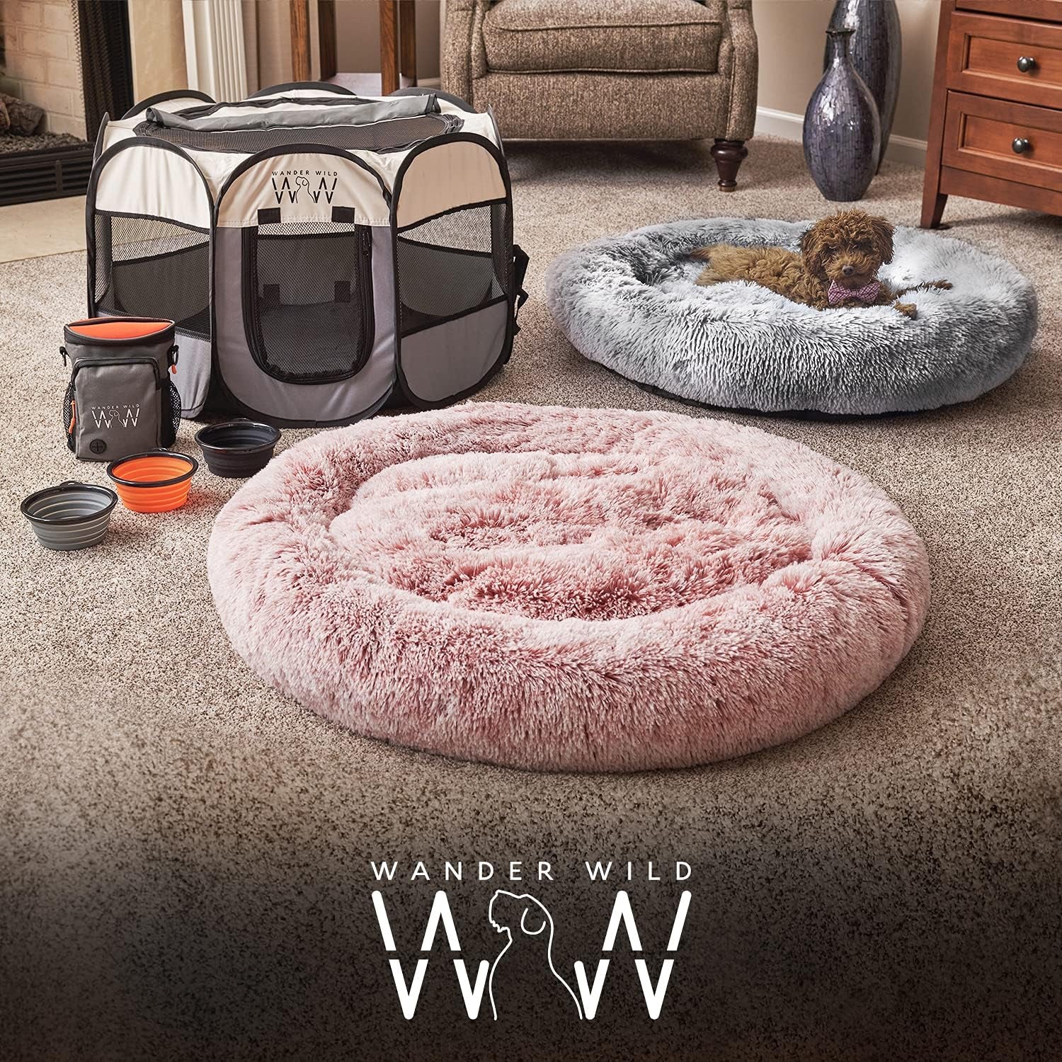 WOLF in WINTER Calming Pet Bed for Dogs and Cats - Plush Self Warming round anti Anxiety Dog Bed Donut (Grey, Medium)