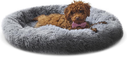 WOLF in WINTER Calming Pet Bed for Dogs and Cats - Plush Self Warming round anti Anxiety Dog Bed Donut (Grey, Medium)